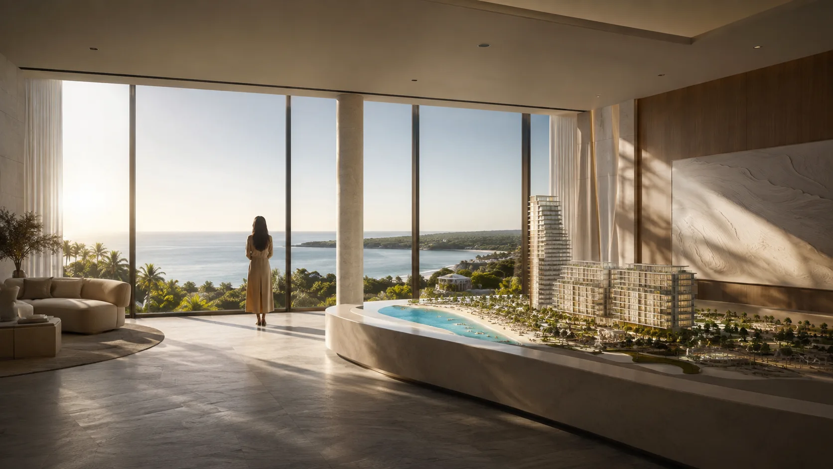 Visitor in a premium development sales gallery, next to the project scale model.