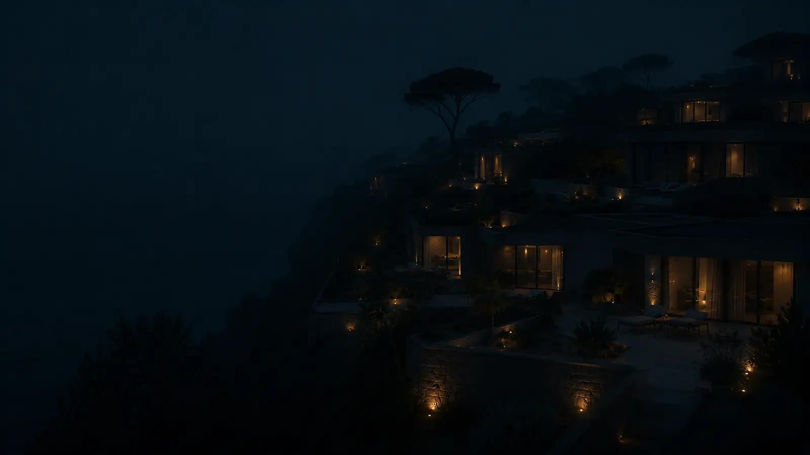 Luxury coastal development at dusk