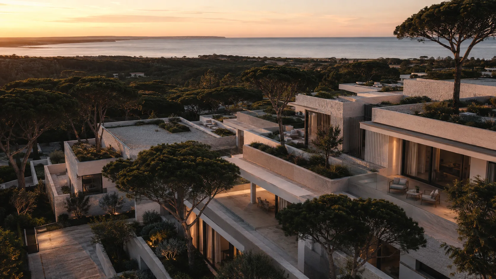Aerial view of a premium residential development at dusk on the Portuguese coast.